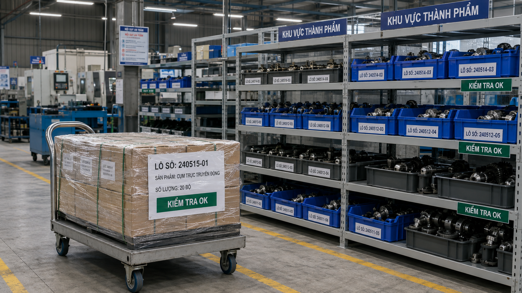 Khu vực lắp ráp của một doanh nghiệp sản xuất với các cụm chi tiết đã hoàn thiện xếp trên giá