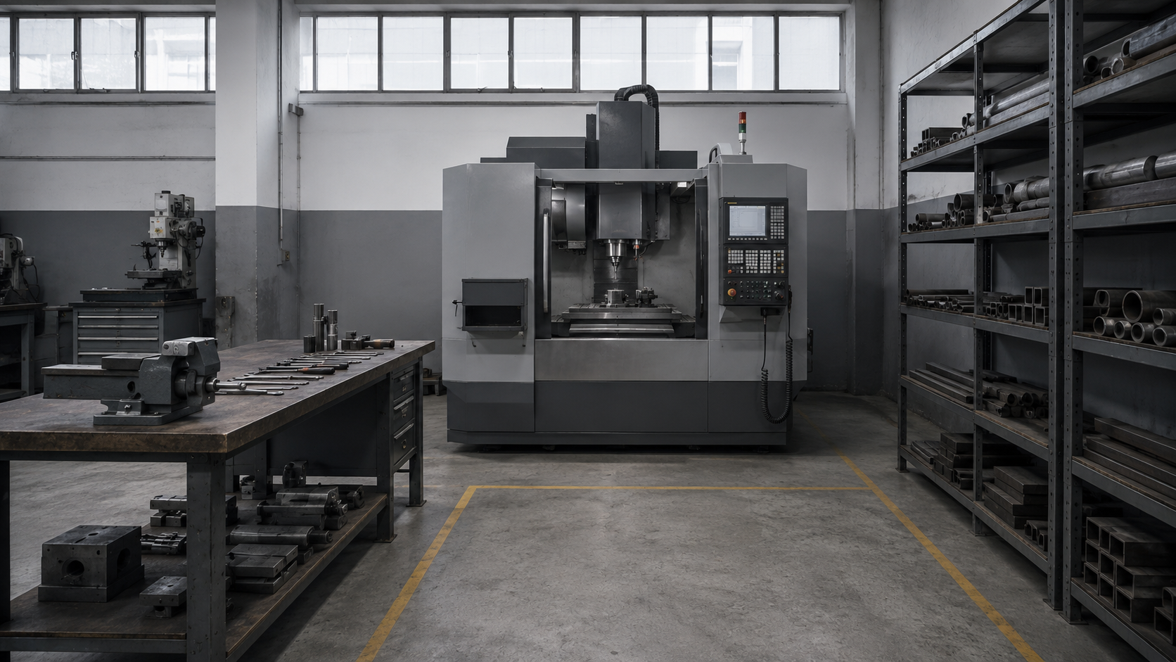 Khu vực gia công của một xưởng kỹ thuật với máy CNC và bàn lắp ráp